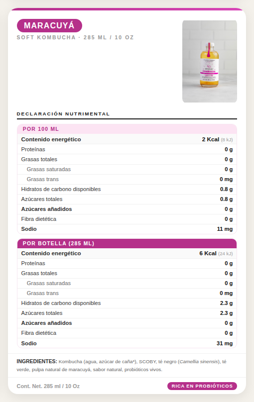 DELICIOSA KOMBUCHA 285 ML. JAMAICA-MARACUYA-JENGIBRE -TAMARINDO